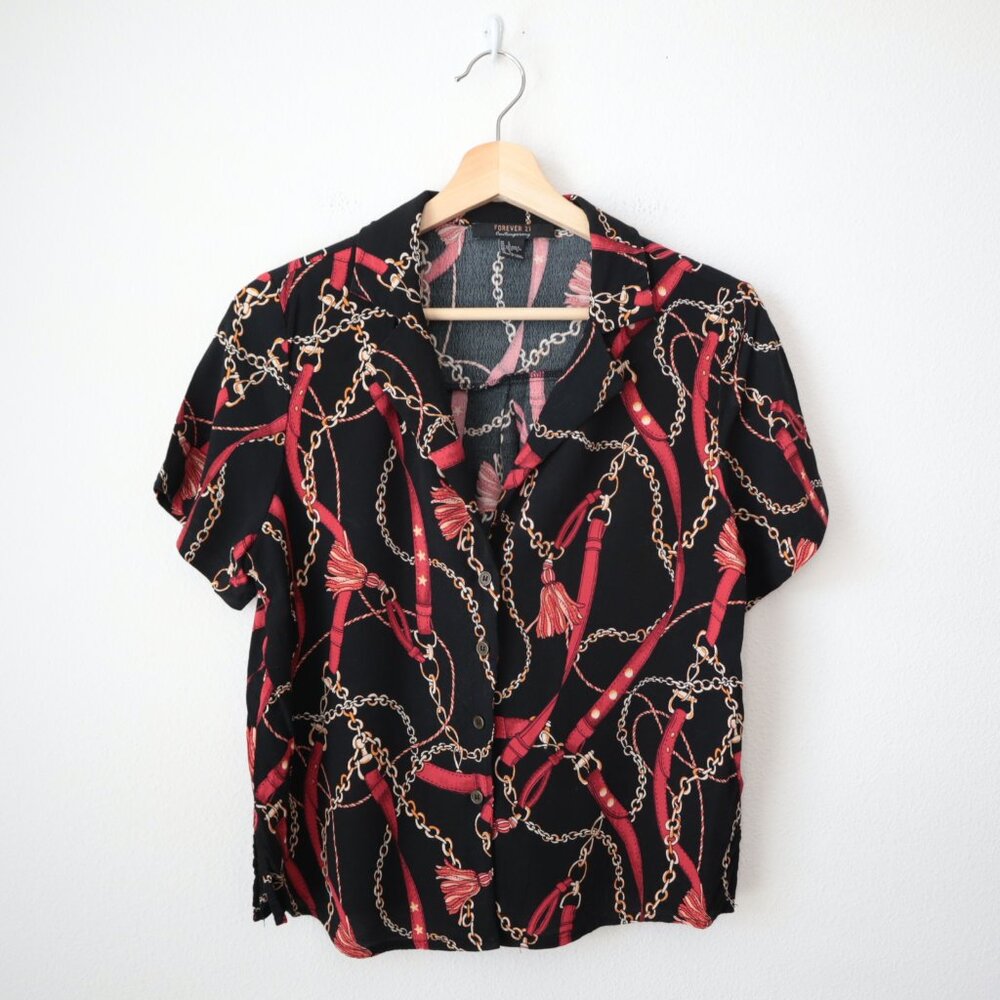 Forever 21 Equestrian Chain Printed Button Front Top | L
